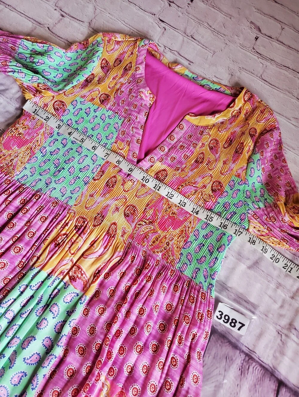Bohemian Sunny Leigh Patchwork Multicolor Paisley Midi Dress Bell Long Sleeve - Picture 9 of 11